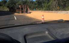 Nova Laranjeiras - Caminh&atilde;o de gr&atilde;os tomba na BR-277, e pista &eacute; parcialmente interditada