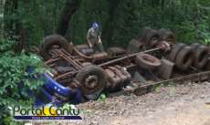 Guarania&ccedil;u - Caminh&atilde;o carregado de su&iacute;nos tomba em estrada rural - Veja o v&iacute;deo